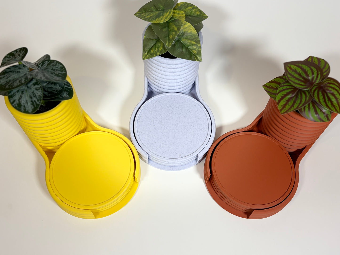 Coaster Planter | Succulent Pot with Hidden Water Tray & 4 Drink Coasters | Modern Desk Planter | Gift for Plant Lovers